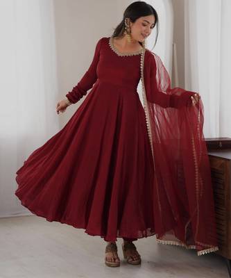 Maroon gown set with pant & butterfly net dupatta 1