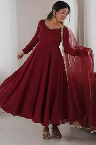 Maroon gown set with pant & butterfly net dupatta