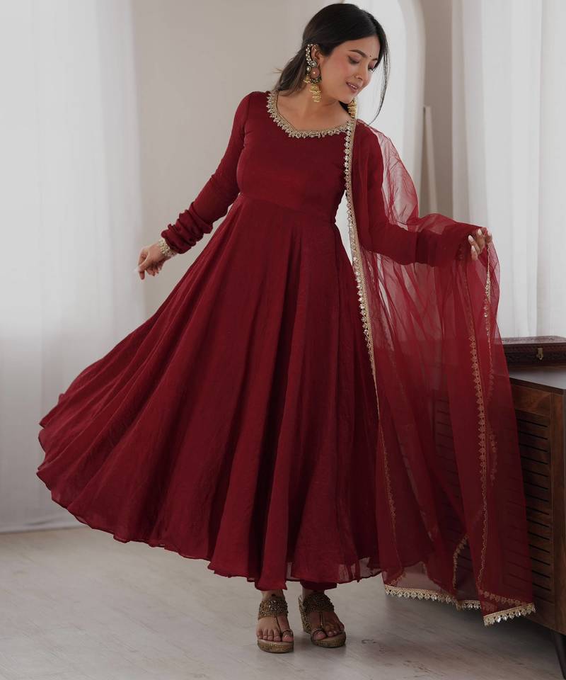 Maroon gown set with pant & butterfly net dupatta