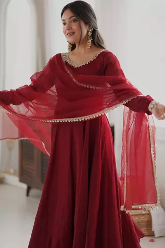 Maroon gown set with pant & butterfly net dupatta