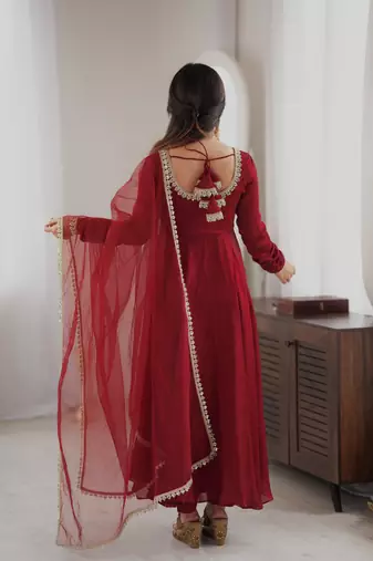 Maroon gown set with pant & butterfly net dupatta
