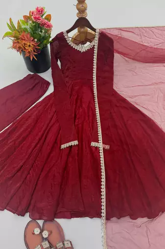 Maroon gown set with pant & butterfly net dupatta
