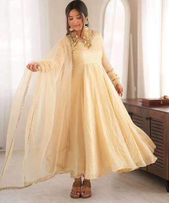 Ivory gown set with pant & butterfly net dupatta 1