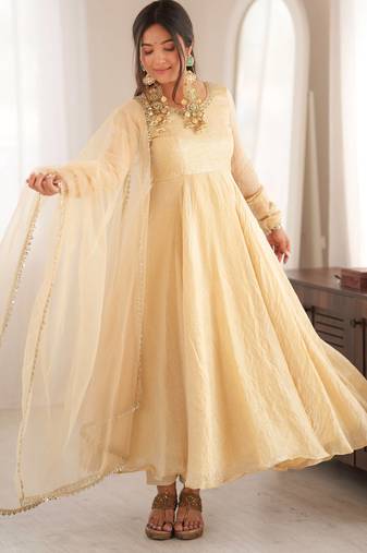 Ivory gown set with pant & butterfly net dupatta