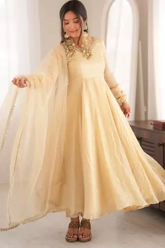 Ivory gown set with pant & butterfly net dupatta