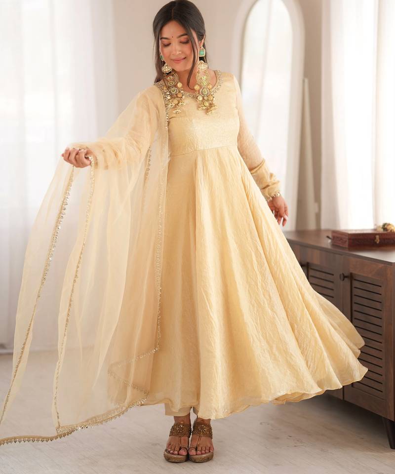 Ivory gown set with pant & butterfly net dupatta