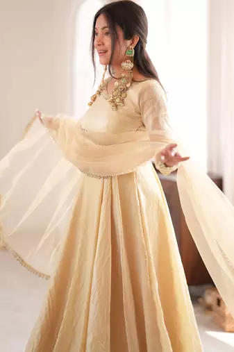 Ivory gown set with pant & butterfly net dupatta