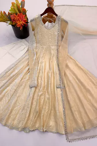 Ivory gown set with pant & butterfly net dupatta
