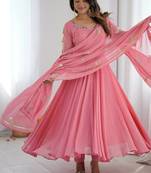 Pink georgette embroidered gown set with pant & dupatta