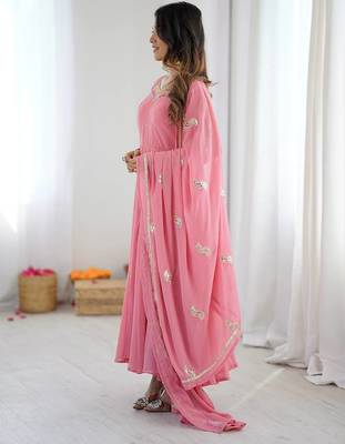 Pink georgette embroidered gown set with pant & dupatta 2