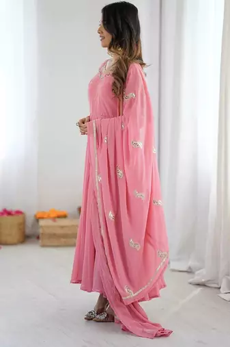 Pink georgette embroidered gown set with pant & dupatta