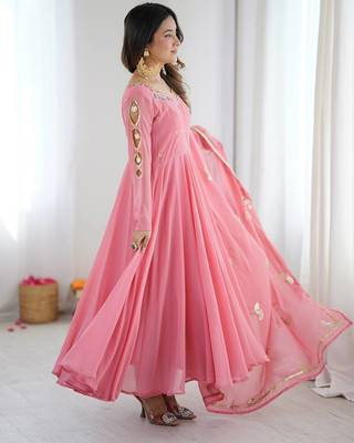 Pink georgette embroidered gown set with pant & dupatta 3
