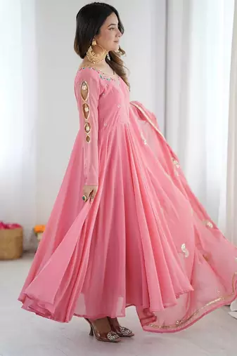 Pink georgette embroidered gown set with pant & dupatta