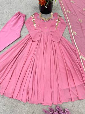 Pink georgette embroidered gown set with pant & dupatta 4
