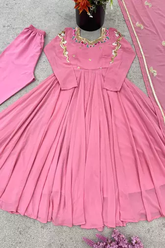 Pink georgette embroidered gown set with pant & dupatta