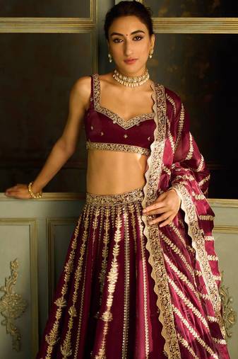marron color sequins dori zari work silk blend lehenga Choli Set