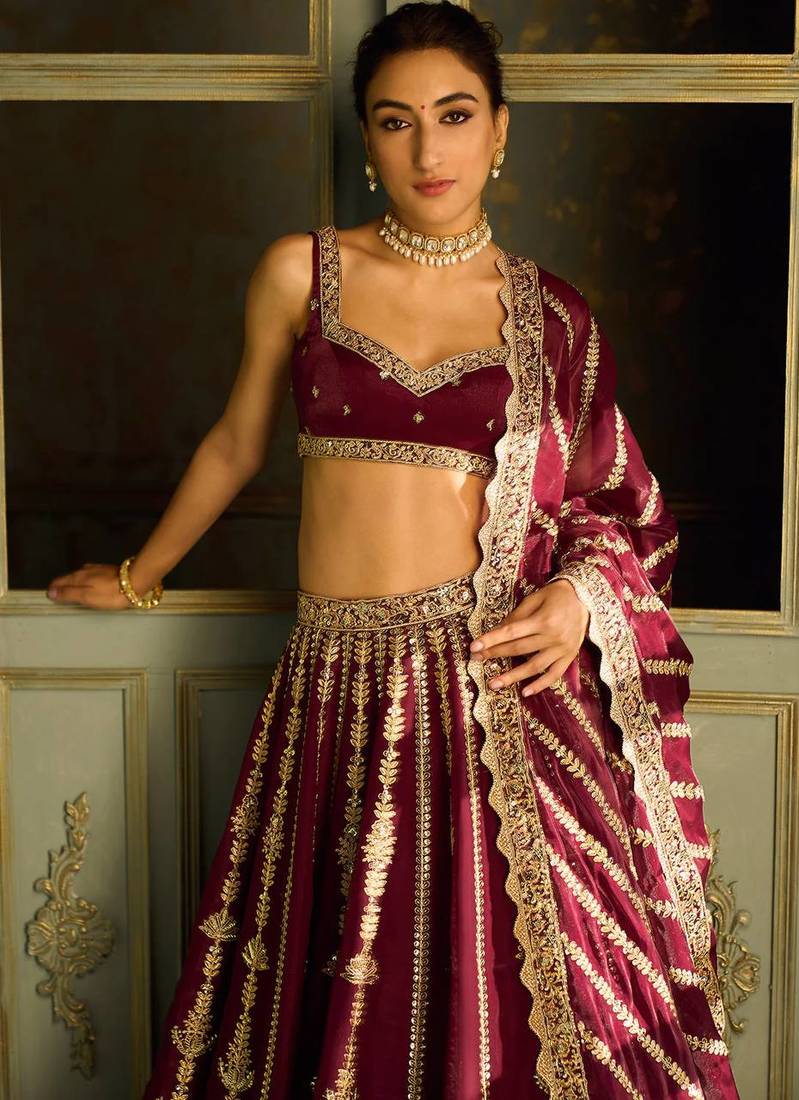 marron color sequins dori zari work silk blend lehenga Choli Set
