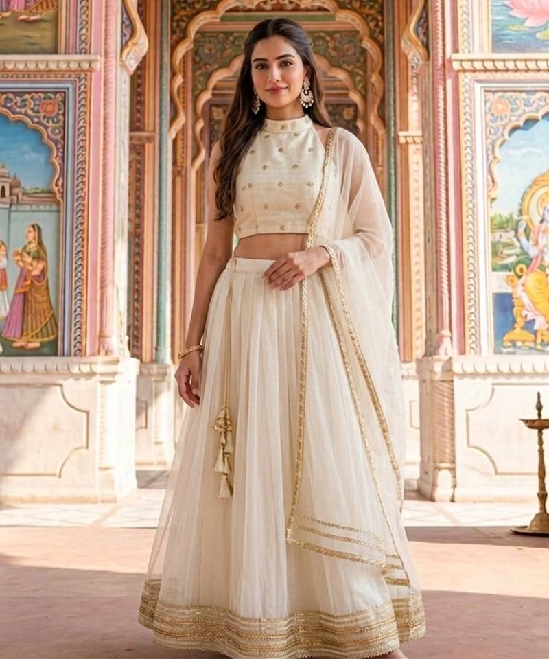 Ivory Embroidered Georgette Lehenga Set