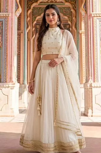 Ivory Embroidered Georgette Lehenga Set