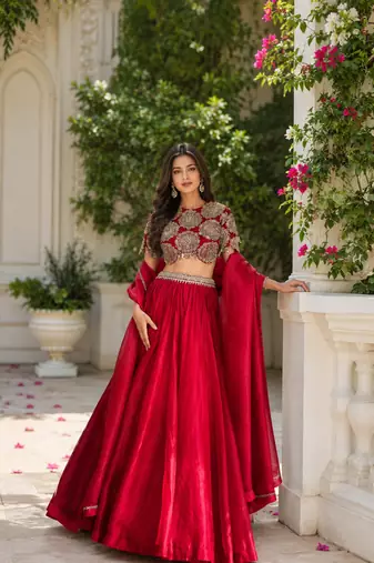 rani pink color sequins Dori work on waist Roman silk blend lehenga Choli Set 