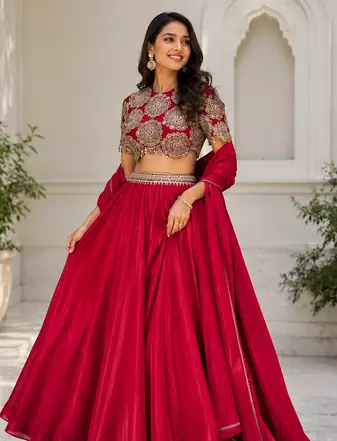 rani pink color sequins Dori work on waist Roman silk blend lehenga Choli Set 