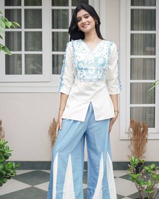 White & Cerulean Blue Embroidered Cotton Co-Ord Set 2