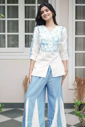 White & Cerulean Blue Embroidered Cotton Co-Ord Set