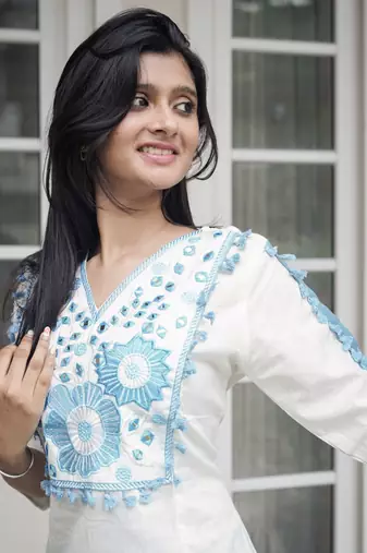 White & Cerulean Blue Embroidered Cotton Co-Ord Set