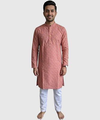 Coral pink block printed cotton kurta set 1