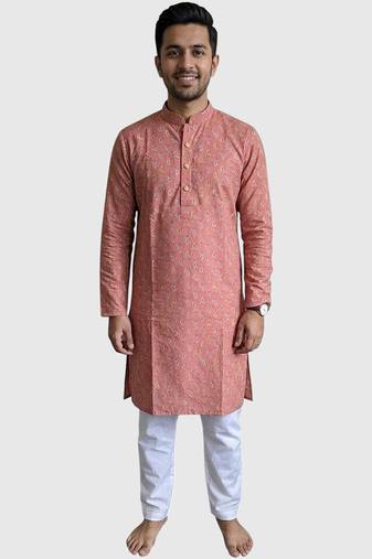 Coral pink block printed cotton kurta set
