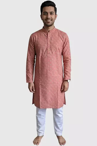 Coral pink block printed cotton kurta set