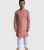 Coral pink block printed cotton kurta set