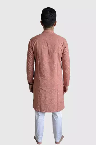 Coral pink block printed cotton kurta set