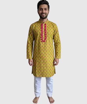 Lime green floral printed cotton kurta set 1