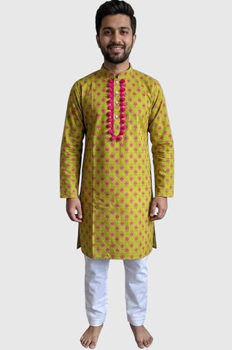 Lime green floral printed cotton kurta set