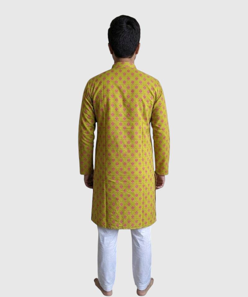 Lime green floral printed cotton kurta set