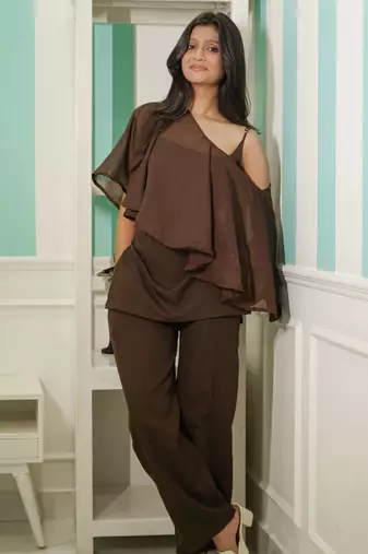 Chocolate Off-Shoulder Sheer Cape Top & Trouser Set