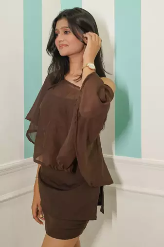 Chocolate Off-Shoulder Sheer Cape Top & Trouser Set