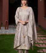 Grey silk blend embroidered kurta set
