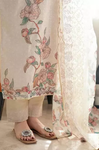 Off-white cotton poly embroidered kurta set