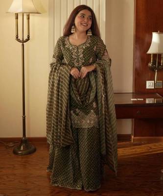 Olive chiffon printed palazzo set 1