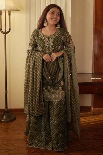 Olive chiffon printed palazzo set