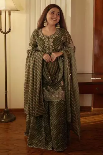 Olive chiffon printed palazzo set