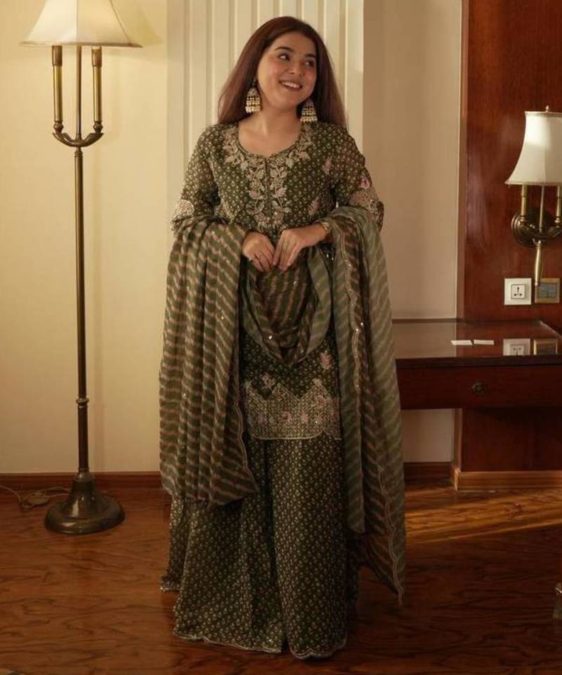 Olive chiffon printed palazzo set