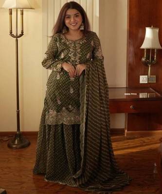 Olive chiffon printed palazzo set 2