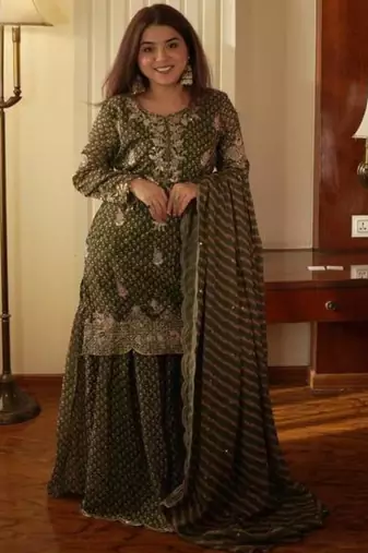 Olive chiffon printed palazzo set