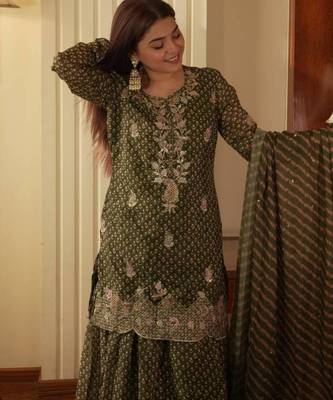 Olive chiffon printed palazzo set 3