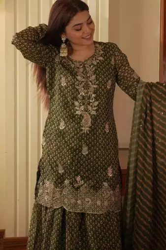 Olive chiffon printed palazzo set