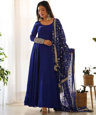 Dark-blue faux georgette embroidered flared gown set 1