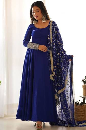 Dark-blue faux georgette embroidered flared gown set